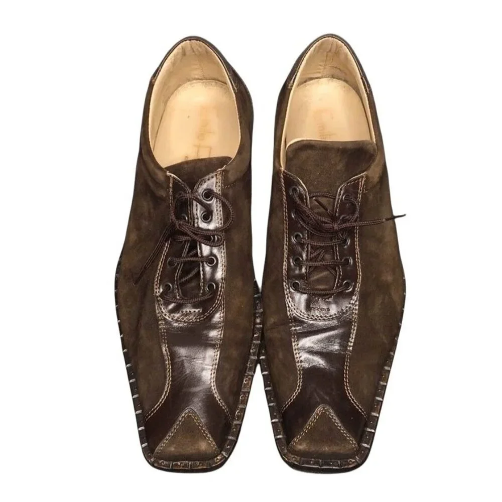Mens Brown Suede & Leather Square Toe Lace-Up Dress Shoes Size 44